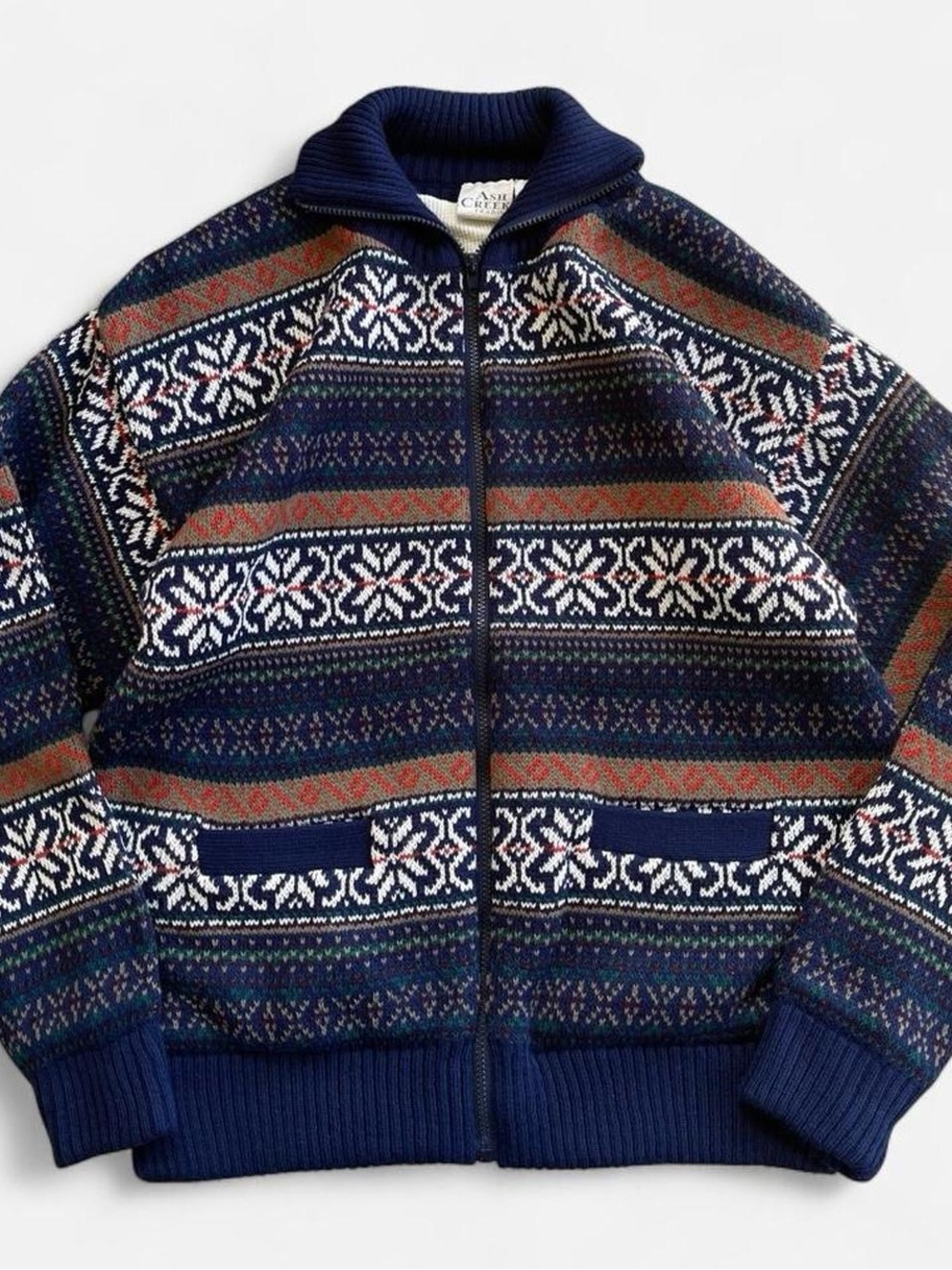 Vintage 90s Ash Creek Trading Sweater Jacket Full Zip Blue Snowflake Fair Isle L